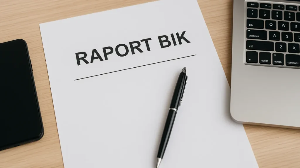 Dokument z napisem „Raport BIK”, obok laptopa, długopisu i telefonu – symbol analizy historii kredytowej przed wzięciem kredytu