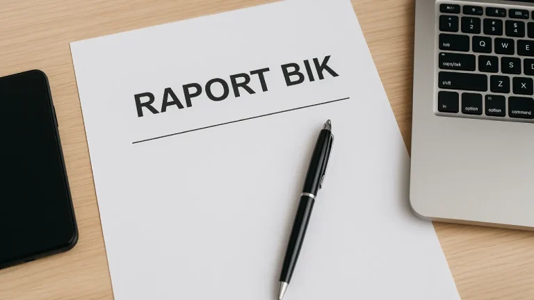 Dokument z napisem „Raport BIK”, obok laptopa, długopisu i telefonu – symbol analizy historii kredytowej przed wzięciem kredytu