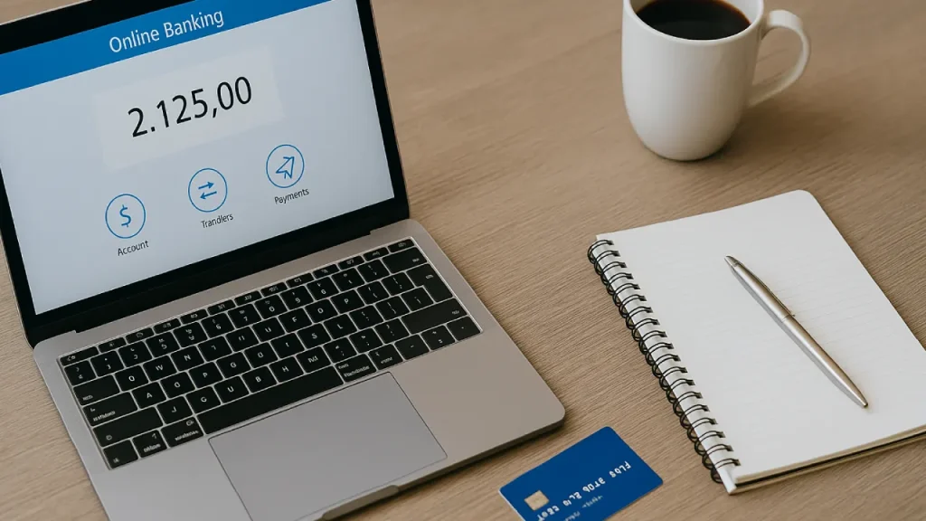 Biurko z laptopem wyświetlającym aplikację bankową, kartą płatniczą, notatnikiem i filiżanką kawy – symbol wyboru konta osobistego bez opłat