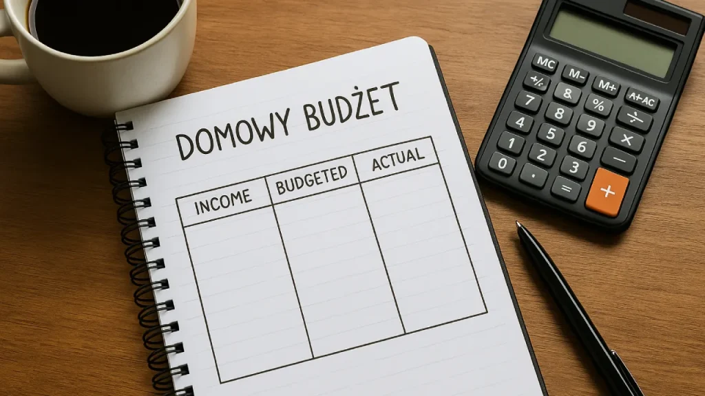 Notatnik z tabelą budżetu domowego, kalkulator, długopis i filiżanka kawy – symbol planowania domowych finansów krok po kroku