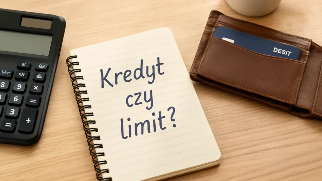 Notatnik z napisem „Kredyt czy limit?”, kalkulator i portfel z kartą na biurku – symbol wyboru między kredytem a limitem w koncie