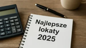 Notatnik z napisem „Najlepsze lokaty 2025”, kalkulator i długopis na drewnianym biurku – symbol porównywania ofert lokat bankowych