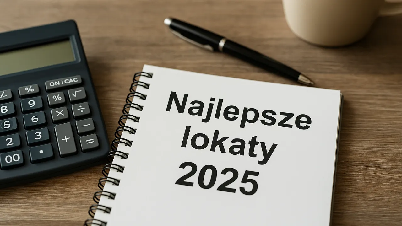 Notatnik z napisem „Najlepsze lokaty 2025”, kalkulator i długopis na drewnianym biurku – symbol porównywania ofert lokat bankowych