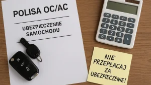 Polisa OC/AC, kluczyki samochodowe, kalkulator i karteczka z napisem „Nie przepłacaj za ubezpieczenie!” – symbol wyboru taniej polisy