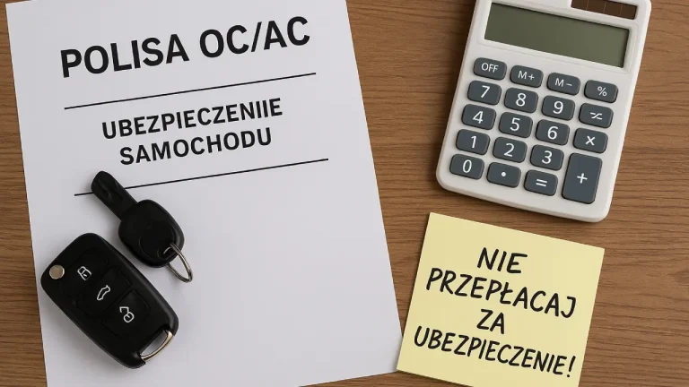 Polisa OC/AC, kluczyki samochodowe, kalkulator i karteczka z napisem „Nie przepłacaj za ubezpieczenie!” – symbol wyboru taniej polisy