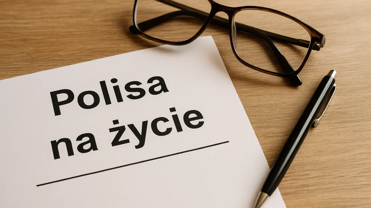Dokument z napisem „Polisa na życie”, obok leżą okulary i długopis na drewnianym biurku – symbol planowania zabezpieczenia bliskich