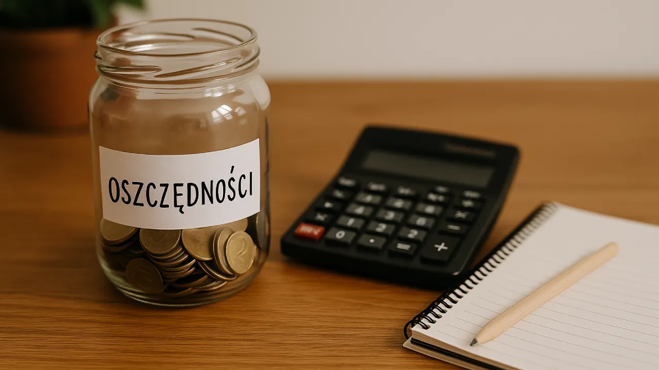 Słoik z napisem „Oszczędności”, kalkulator i notatnik na biurku – symbol wybierania konta oszczędnościowego