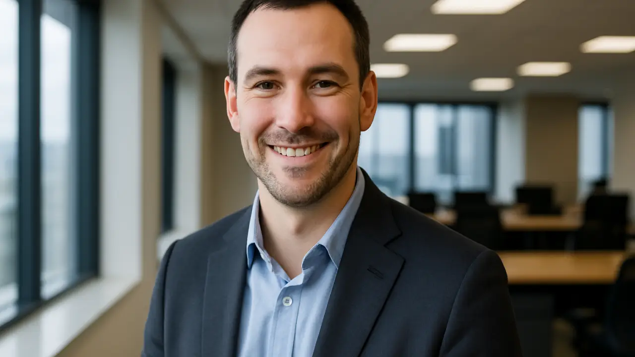 Pewny siebie mężczyzna w garniturze w biurze – symbol profesjonalizmu i wiarygodności kredytowej