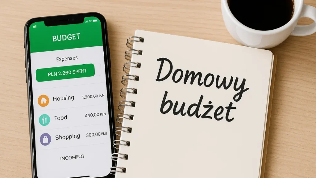 Smartfon z aplikacją budżetową, notes z napisem Domowy budżet i filiżanka kawy – planowanie wydatków na co dzień
