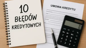 Notes z napisem 10 błędów kredytowych, kalkulator, umowa i długopis – symbol pułapek przy kredycie gotówkowym