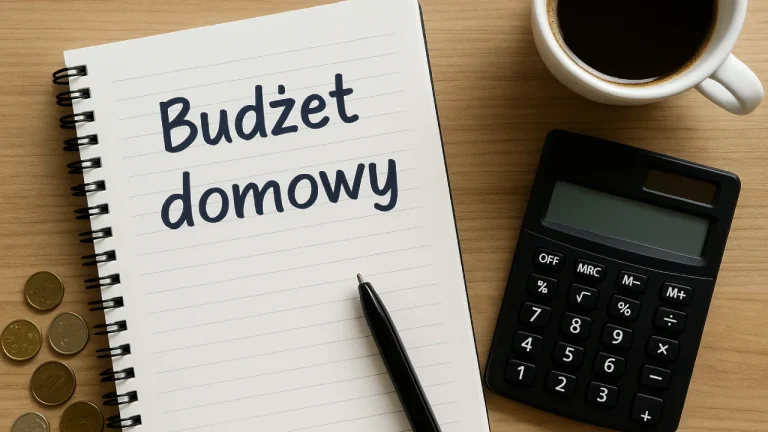 Notatnik z napisem „Budżet domowy”, obok kalkulator, czarna długopis, monety i filiżanka kawy na drewnianym stole.