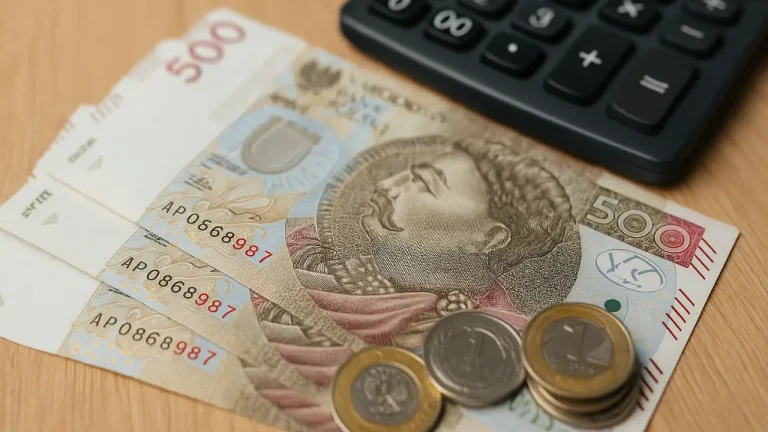 Polskie banknoty i monety obok kalkulatora na drewnianym biurku – symbol kosztów i kalkulacji chwilówek