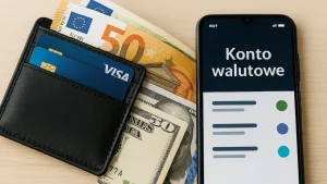 Portfel z kartami płatniczymi, banknoty euro i dolarów oraz smartfon z napisem Konto walutowe – symbol zarządzania walutami