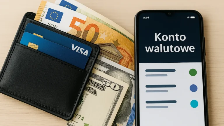 Portfel z kartami płatniczymi, banknoty euro i dolarów oraz smartfon z napisem Konto walutowe – symbol zarządzania walutami