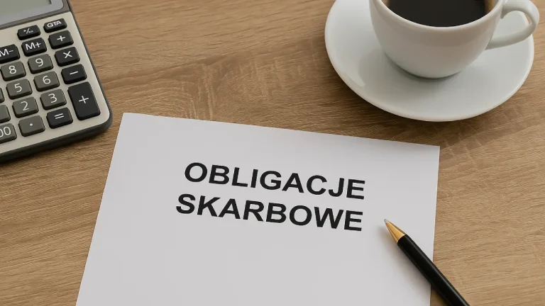 Dokument z napisem „Obligacje Skarbowe”, długopis, kalkulator i filiżanka kawy na biurku – symbol spokojnego inwestowania w papiery wartościowe