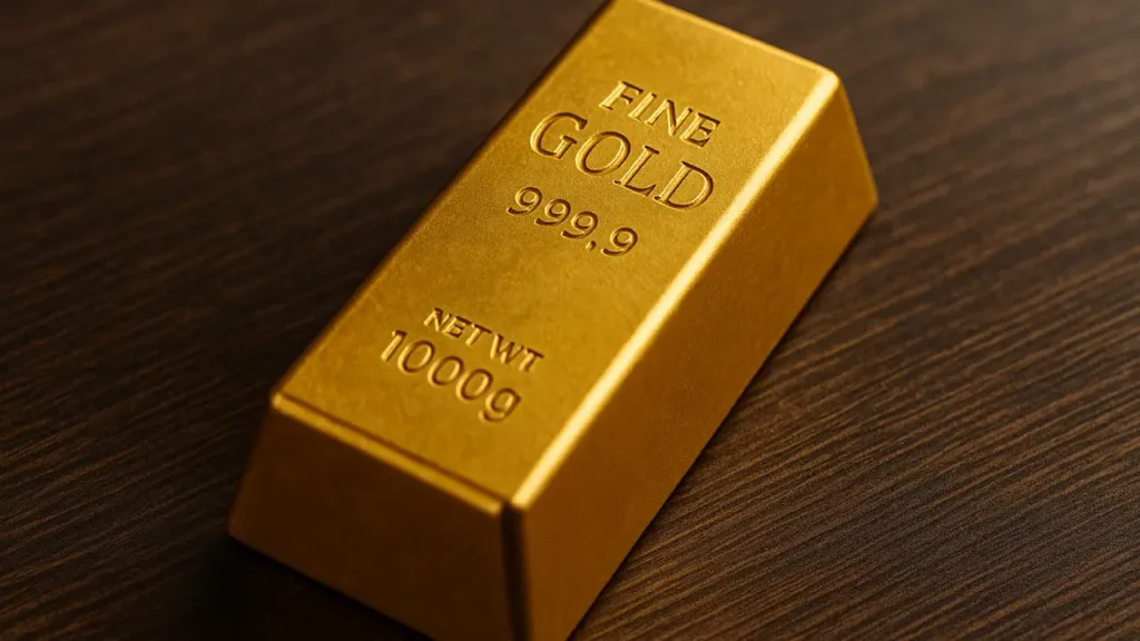 Sztabka złota na drewnianym blacie – symbol fizycznej inwestycji w złoto jako formy zabezpieczenia majątku