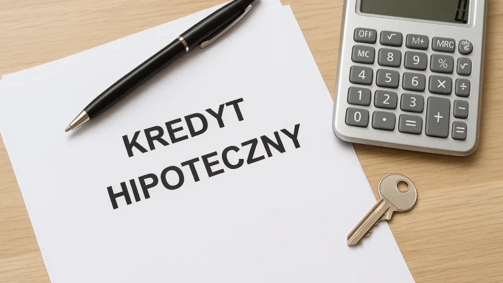 Stos dokumentów z napisem „Kredyt hipoteczny”, obok kalkulator, klucz i długopis na biurku.