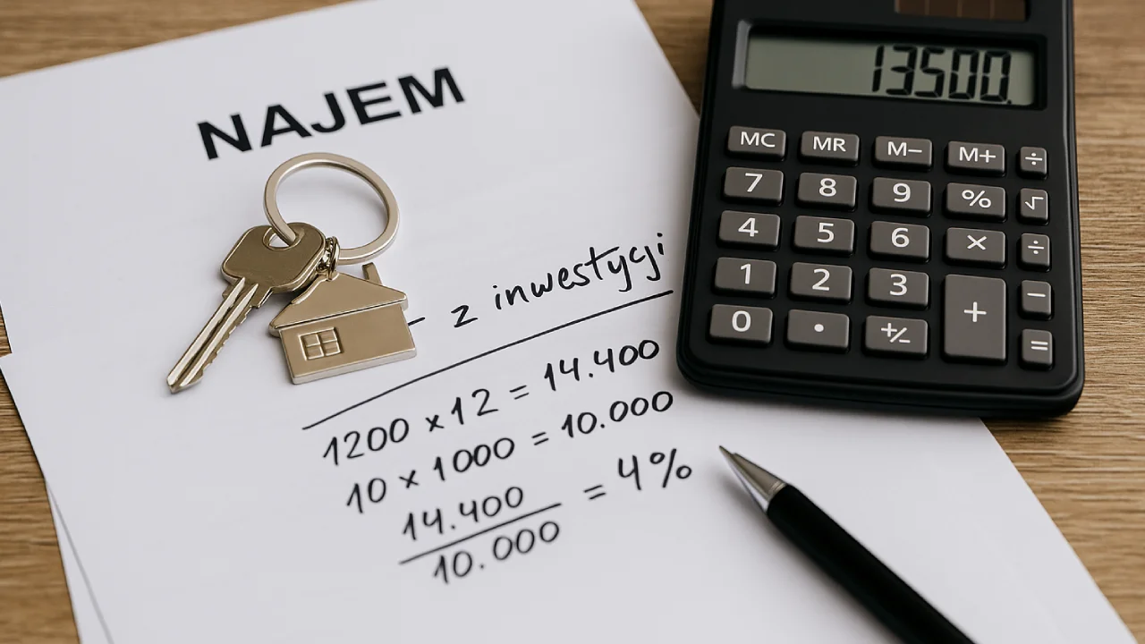 Klucze do mieszkania, kalkulator i dokument z obliczeniami zwrotu z inwestycji – scena symbolizująca analizę opłacalności nieruchomości.