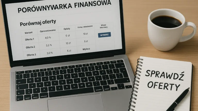 Laptop z otwartą porównywarką finansową, obok notes z napisem Sprawdź oferty i filiżanka kawy – scena analizy produktów bankowych