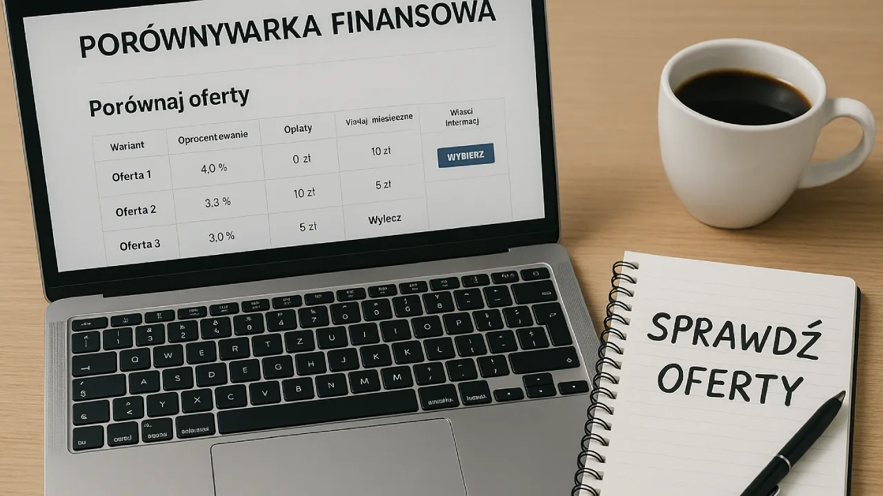 Laptop z otwartą porównywarką finansową, obok notes z napisem Sprawdź oferty i filiżanka kawy – scena analizy produktów bankowych