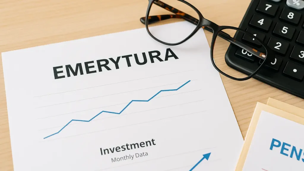 Dokumenty finansowe związane z emeryturą, wykres inwestycyjny, okulary i kalkulator na biurku – symbol planowania emerytury