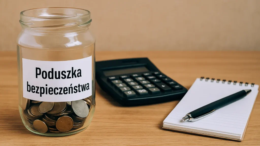 Słoik z napisem Poduszka bezpieczeństwa, kalkulator i notatnik z długopisem na drewnianym biurku – symbol oszczędzania na nieprzewidziane wydatki