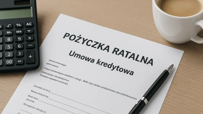 Umowa kredytowa z napisem Pożyczka ratalna, kalkulator, długopis i filiżanka kawy na biurku – symbol świadomej decyzji finansowej
