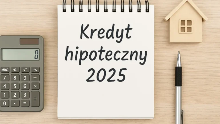 Notatnik z napisem Kredyt hipoteczny 2025, kalkulator, model domu i długopis na jasnym drewnianym biurku – planowanie zakupu mieszkania