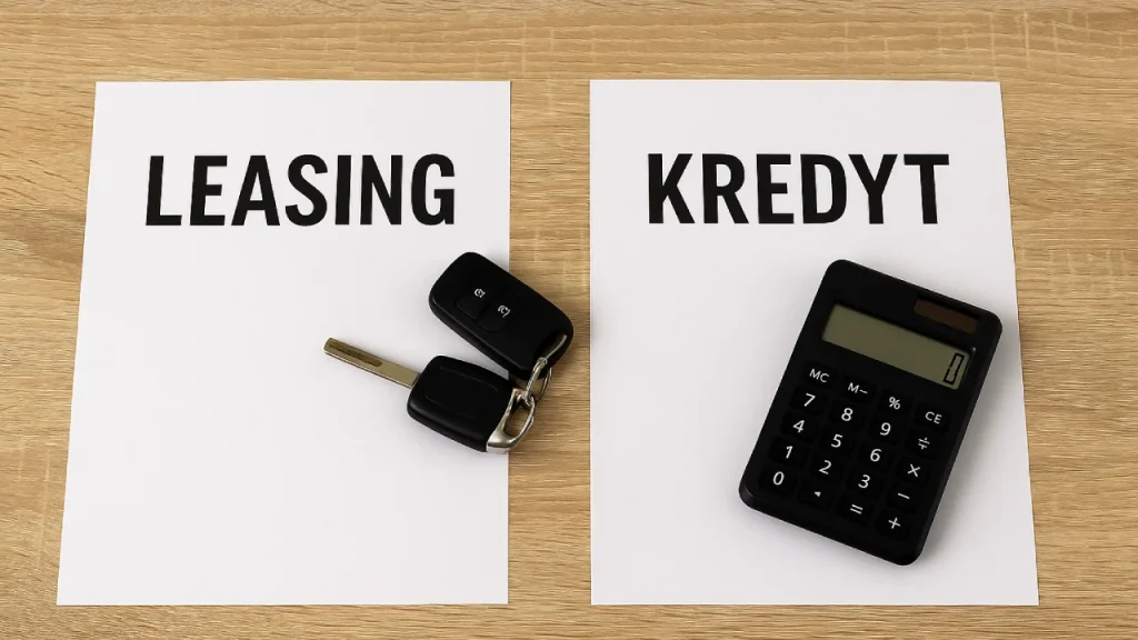 Porównanie leasingu i kredytu – kartki z napisami „Leasing” i „Kredyt”, obok kluczyki i kalkulator na drewnianym biurku.