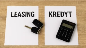 Porównanie leasingu i kredytu – kartki z napisami „Leasing” i „Kredyt”, obok kluczyki i kalkulator na drewnianym biurku.