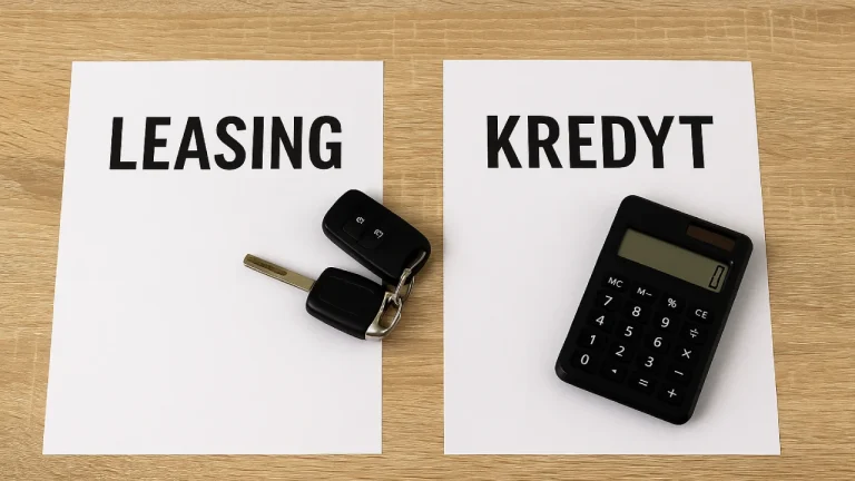 Porównanie leasingu i kredytu – kartki z napisami „Leasing” i „Kredyt”, obok kluczyki i kalkulator na drewnianym biurku.