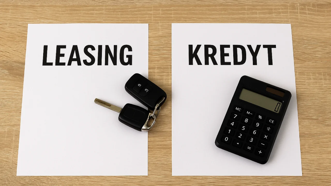 Porównanie leasingu i kredytu – kartki z napisami „Leasing” i „Kredyt”, obok kluczyki i kalkulator na drewnianym biurku.