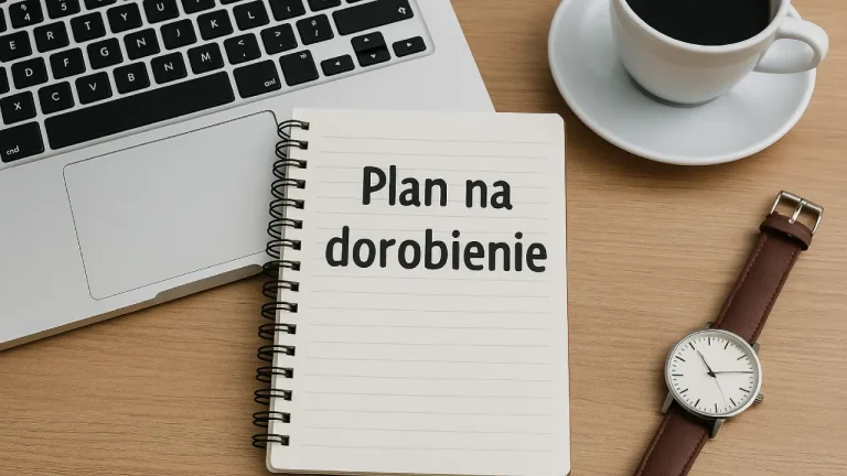 Laptop, notatnik z napisem Plan na dorobienie, filiżanka kawy i zegarek – symbol wieczornego zarabiania po godzinach