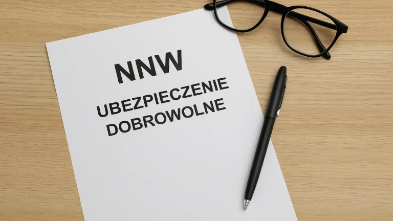 Dokument z tytułem „NNW – Ubezpieczenie Dobrowolne” na drewnianym biurku, obok czarny długopis i okulary.