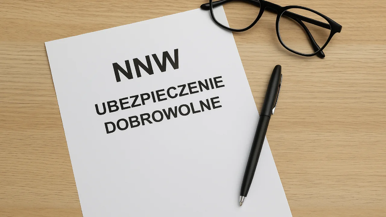 Dokument z tytułem „NNW – Ubezpieczenie Dobrowolne” na drewnianym biurku, obok czarny długopis i okulary.