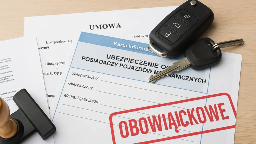 Dokumenty OC, kluczyki i pieczątka z napisem „OBOWIĄZKOWE” – symbol obowiązkowych ubezpieczeń