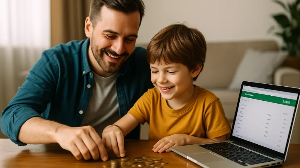 Tata i dziecko razem planują oszczędzanie przy stole