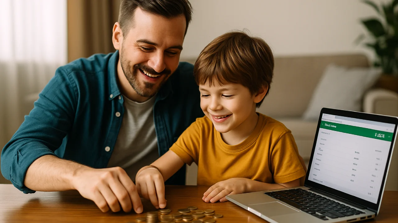 Tata i dziecko razem planują oszczędzanie przy stole