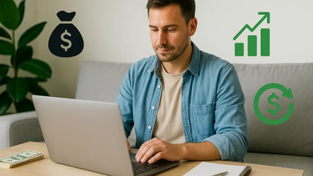 Mężczyzna pracujący przy laptopie w domowym biurze z pieniędzmi i ikonami finansowymi – symbol pasywnego dochodu w 2025 roku