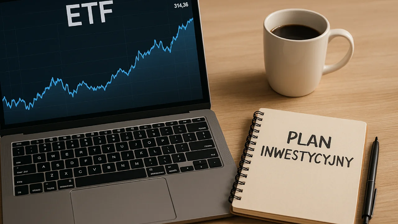 Laptop z wykresem ETF, kubek kawy i notes z napisem „Plan inwestycyjny” na drewnianym biurku.