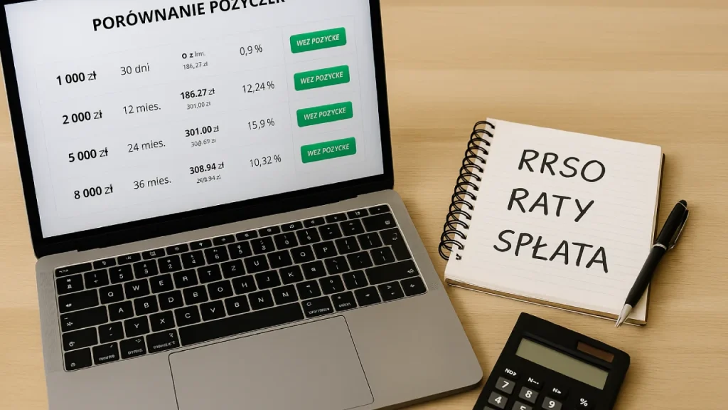 Laptop z porównaniem pożyczek online, obok notes z hasłami „RRSO”, „raty”, „spłata” i kalkulator na biurku.