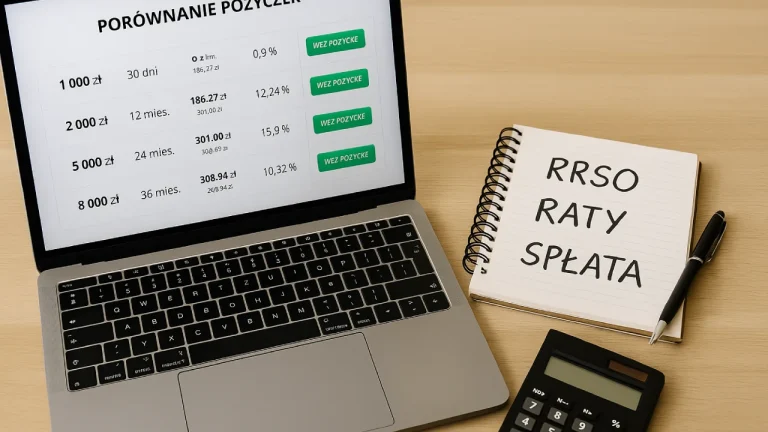 Laptop z porównaniem pożyczek online, obok notes z hasłami „RRSO”, „raty”, „spłata” i kalkulator na biurku.