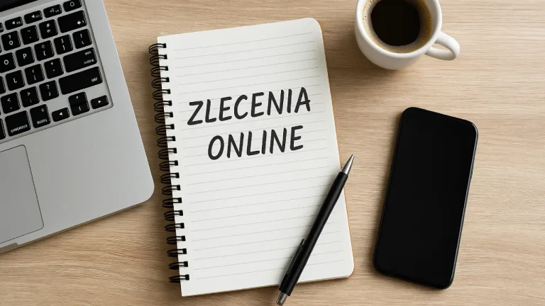 Laptop, notatnik z napisem Zlecenia online, długopis, kawa i telefon – symbol pracy zdalnej i freelancingu przy biurku