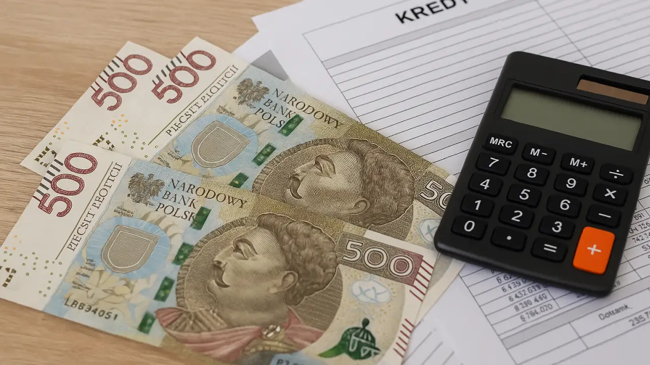Polskie banknoty 500 zł obok kalkulatora i dokumentów kredytowych na stole – symbol analizy zdolności kredytowej z 800+
