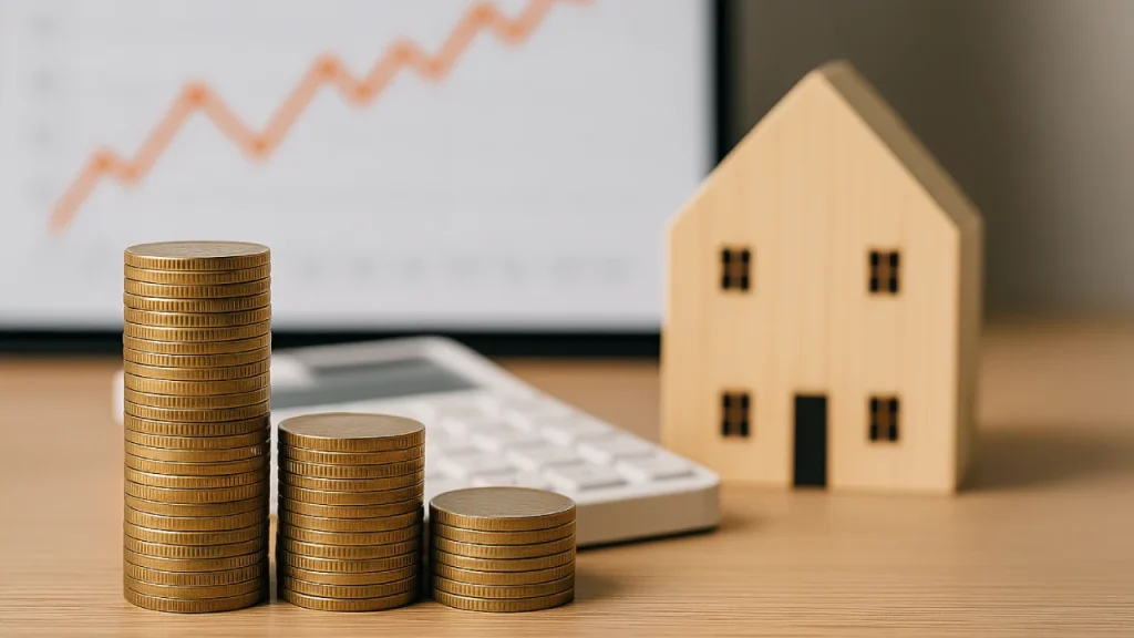 Stosy monet, kalkulator i drewniany domek na tle wykresu – symbol zmienności stóp procentowych i rynku kredytów