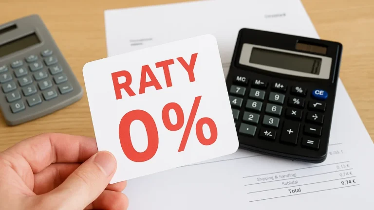 Ulotka z napisem „Raty 0%” trzymana w dłoni, w tle kalkulator i faktura na biurku.