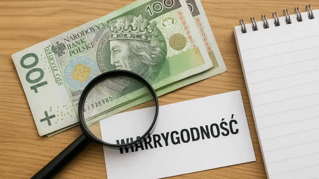 Lupa skierowana na dokument z danymi firmy pożyczkowej, obok kalkulator i długopis – symbol analizy wiarygodności pożyczkodawcy