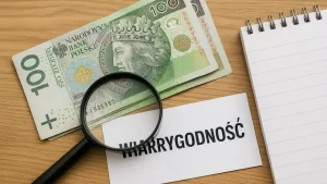 Lupa skierowana na dokument z danymi firmy pożyczkowej, obok kalkulator i długopis – symbol analizy wiarygodności pożyczkodawcy