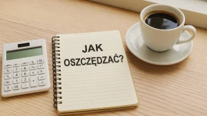 Notes z napisem „Jak oszczędzać?”, kalkulator i filiżanka kawy na biurku – symbol planowania codziennych wydatków i oszczędności