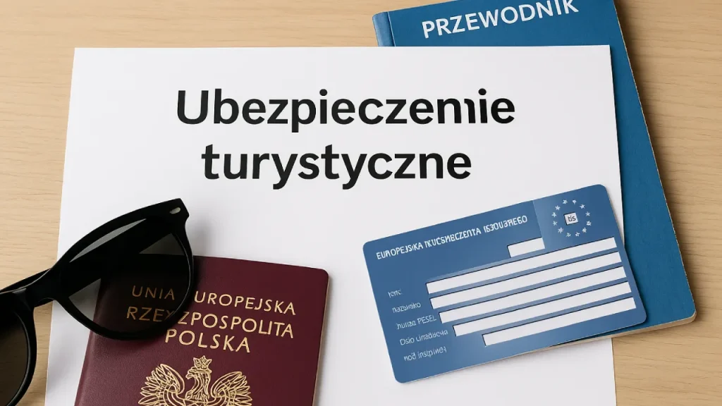 Dokument z napisem Ubezpieczenie turystyczne, paszport, karta EKUZ, okulary i przewodnik – zestaw podróżny przygotowany przed wyjazdem